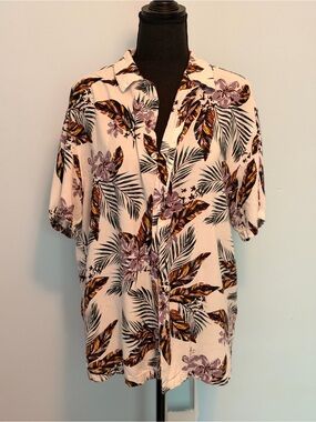 BOGO FREE No Boundaries Cream Shirt with Teal, Purple & Orange Leaf Print